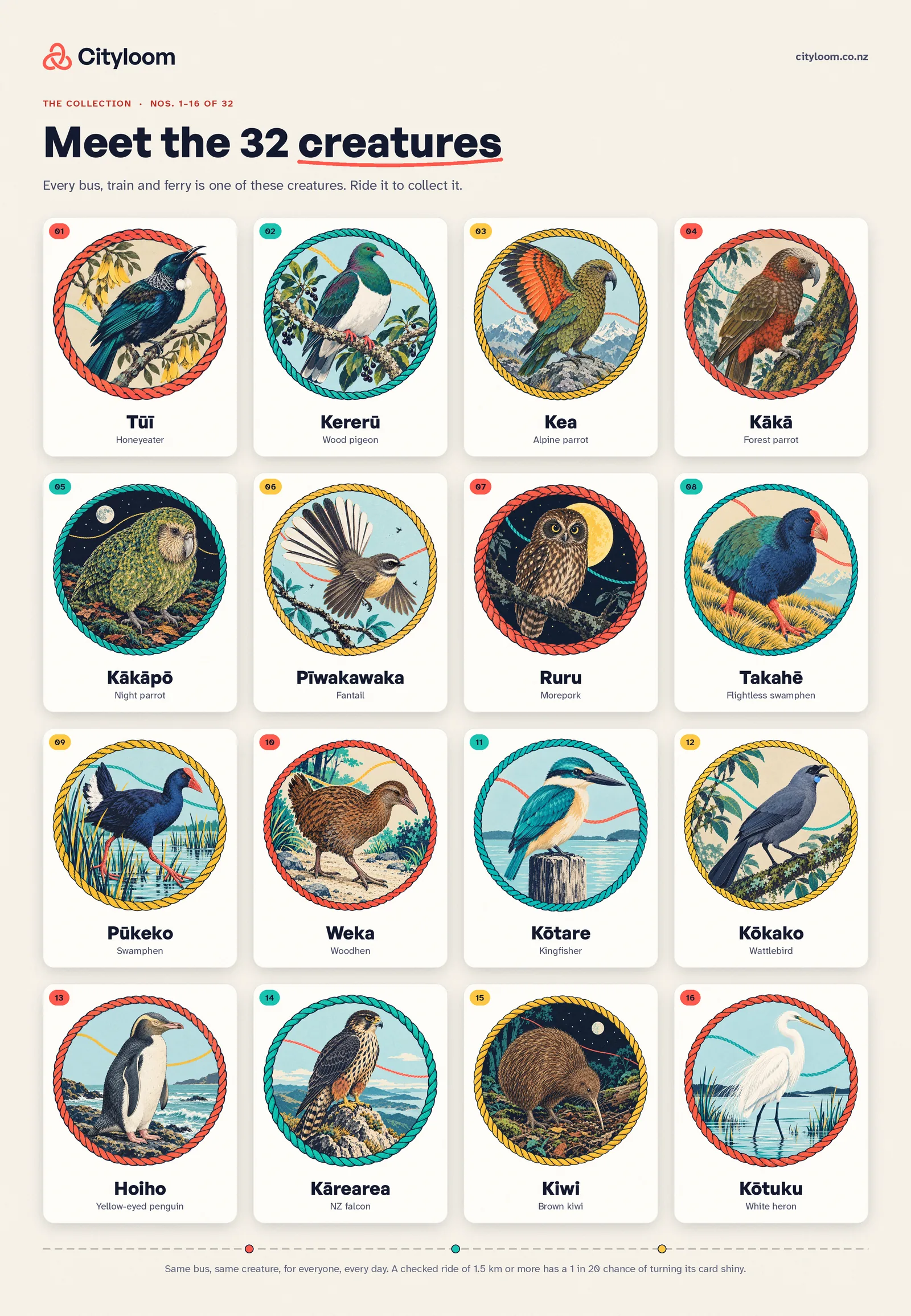 Cityloom creatures 1 to 16: Tūī, Kererū, Kea, Kākā, Kākāpō, Pīwakawaka, Ruru, Takahē, Pūkeko, Weka, Kōtare, Kōkako, Hoiho, Kārearea, Kiwi, Kōtuku
