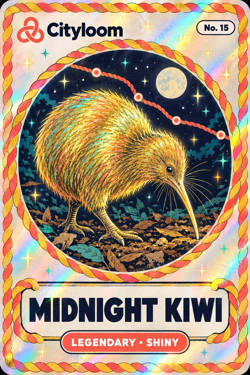 A legendary shiny Midnight Kiwi card: a golden kiwi foraging under a night sky in a holographic braided-rope frame